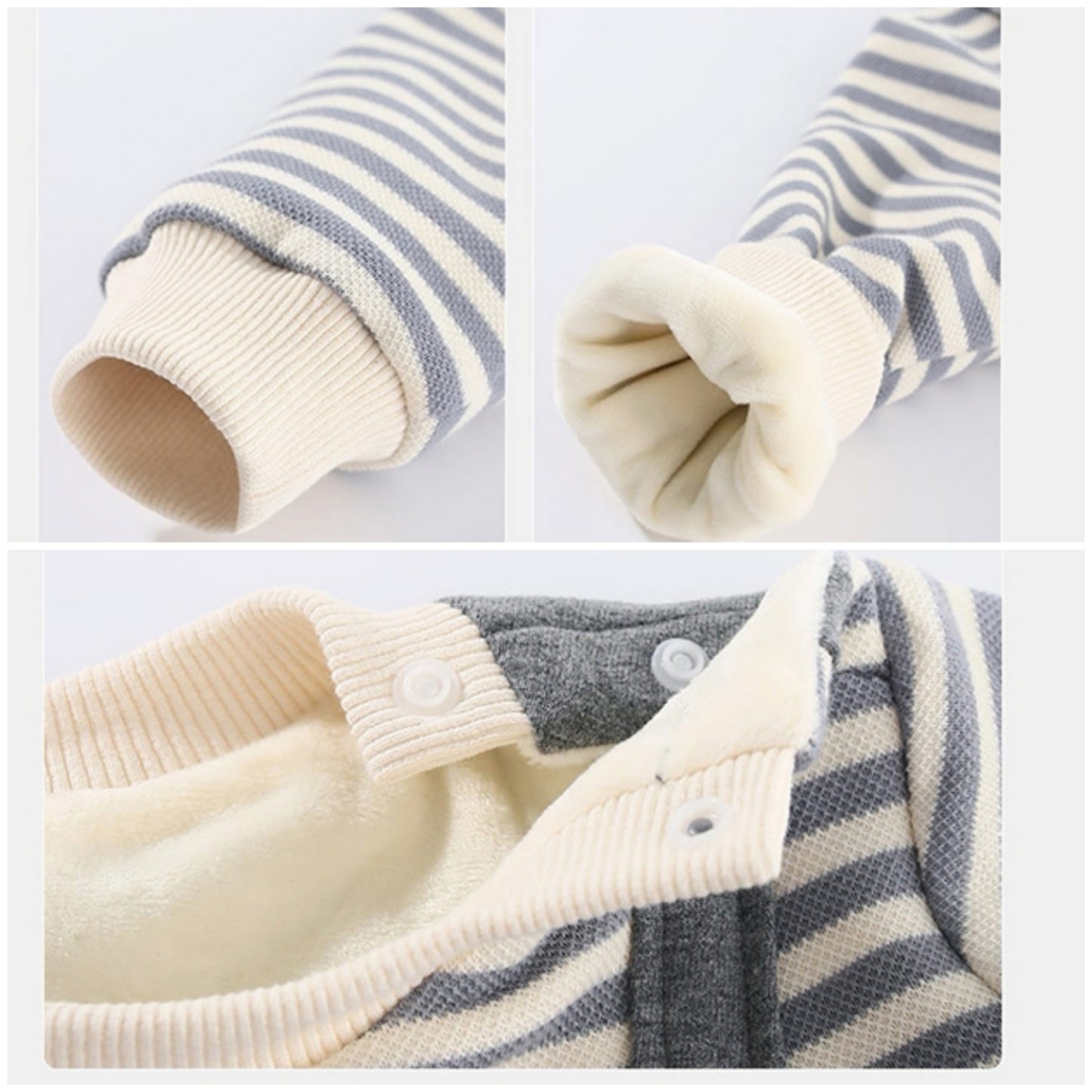 熊仔頭間條 側開長袖連身衣 (夾絨)