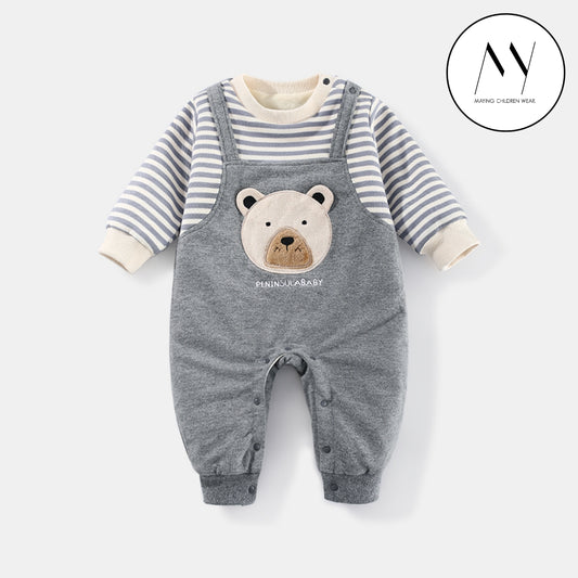 熊仔頭間條 側開長袖連身衣 (夾絨)