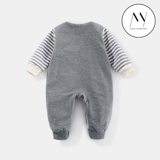 熊仔頭間條 側開長袖連身衣 (夾絨)