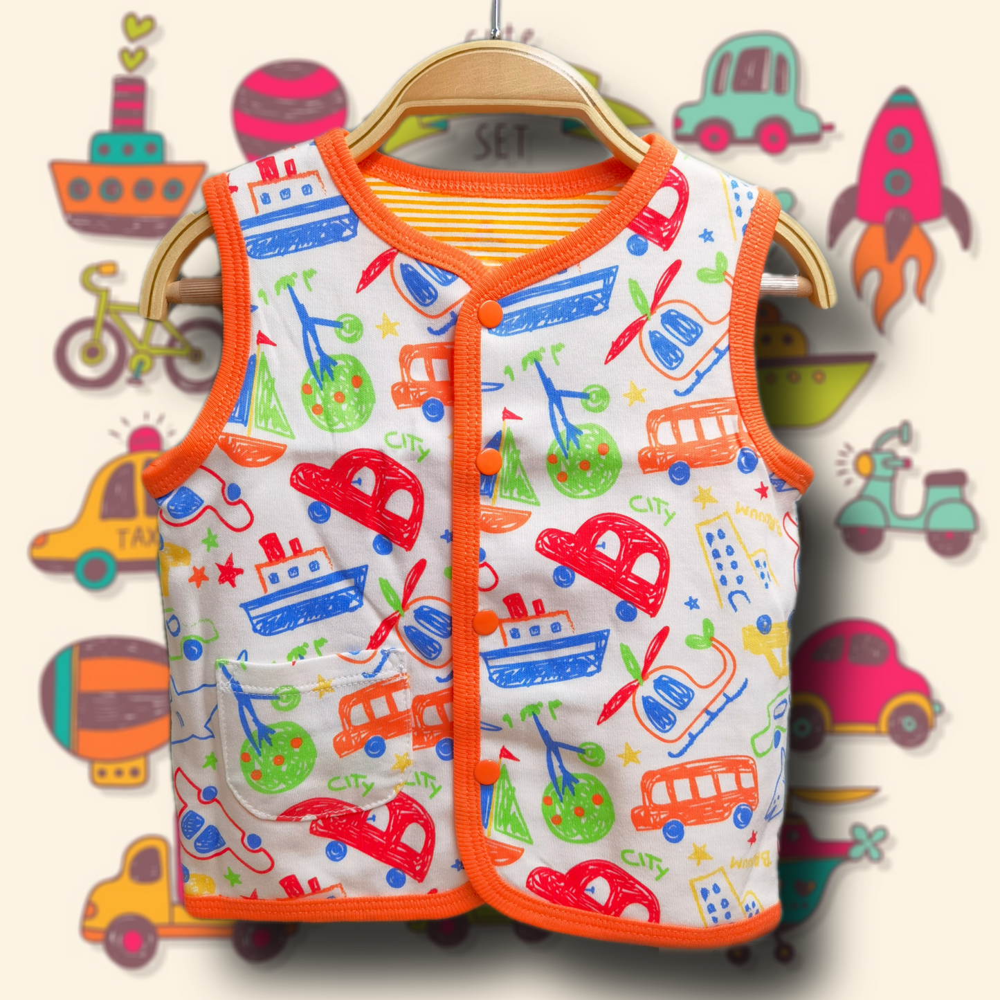 全棉兩層雙面布背心外套 - 交通工具