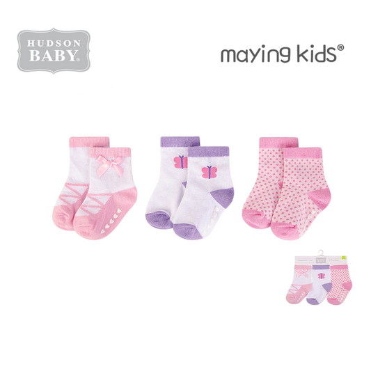 00803CH : Baby Socks With Non-Skid 3pc 防滑襪仔3件裝 - 蝴蝶粉紫