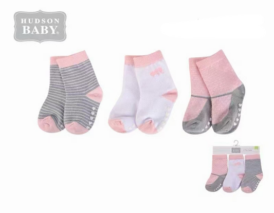 Baby Socks With Non-Skid 3pc 防滑襪仔3件裝 - 粉色灰間