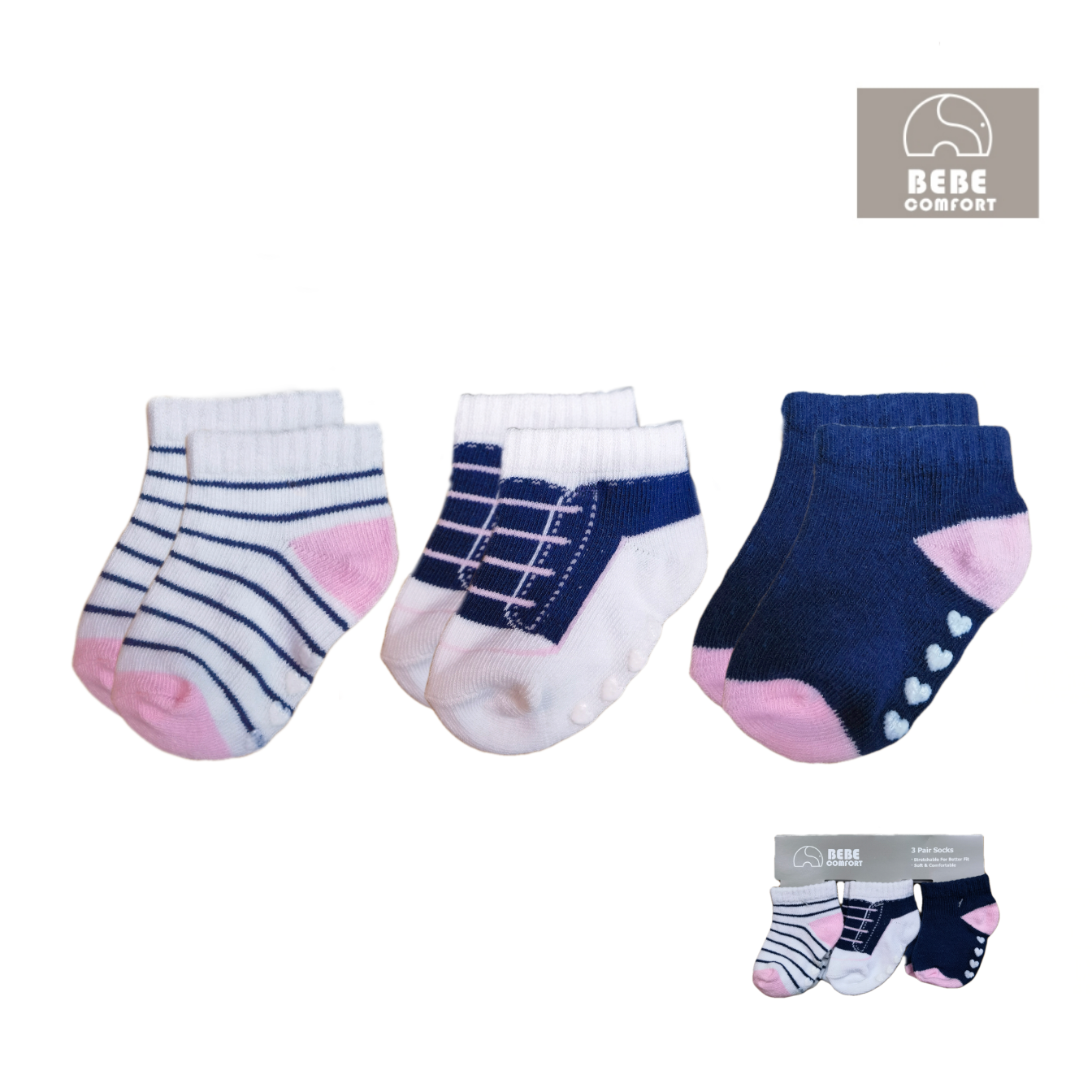 Baby Terry Socks With Non-Skid 3pc  防滑短襪仔3件裝 - 藍色間條