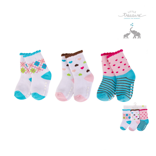 Baby Socks With Non-Skid 3pc  防滑襪仔3件裝 - 心心糖色