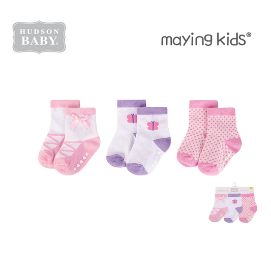 00803CH : Baby Socks With Non-Skid 3pc  防滑襪仔3件裝 - 蝴蝶粉紫